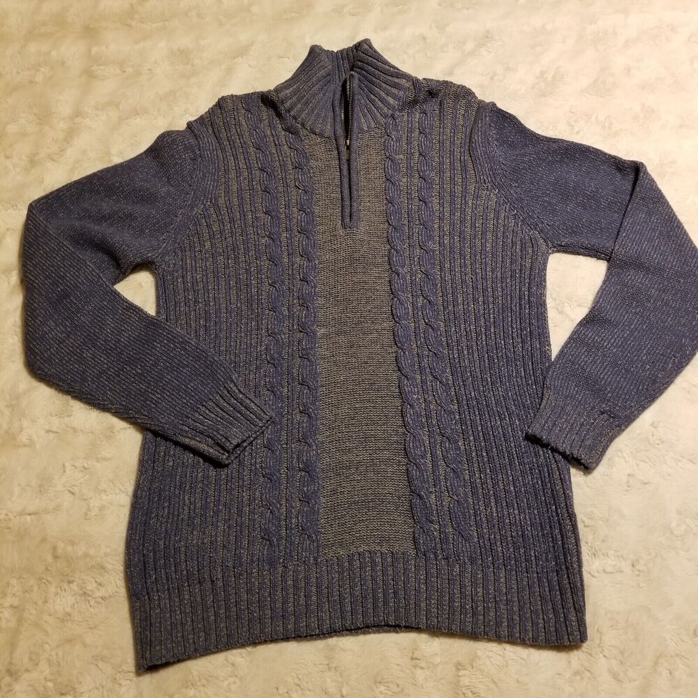 Men's Sweater Large Cable Knit Blue Mock Neck Pullover Fisherman Cotton Blend
